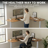 FORTIA Corner Standing Desk, 160x140cm, 72-118cm Sit to Stand Up Electric Height Adjustable, Walnut Style Desktop/Silver Frame - Front View