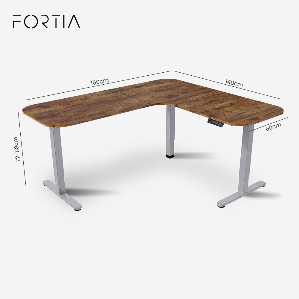 FORTIA Corner Standing Desk, 160x140cm, 72-118cm Sit to Stand Up Electric Height Adjustable, Walnut Style Desktop/Silver Frame