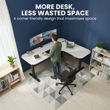 FORTIA Corner Standing Desk, 160x140cm, 72-118cm Sit to Stand Up Electric Height Adjustable, White Desktop/Black Frame - Close-Up Angle