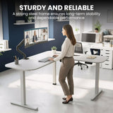 FORTIA Corner Standing Desk, 160x140cm, 72-118cm Sit to Stand Up Electric Height Adjustable, White Desktop/Silver Frame - Side View
