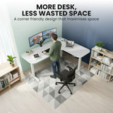 FORTIA Corner Standing Desk, 160x140cm, 72-118cm Sit to Stand Up Electric Height Adjustable, White Desktop/Silver Frame - Close-Up Angle