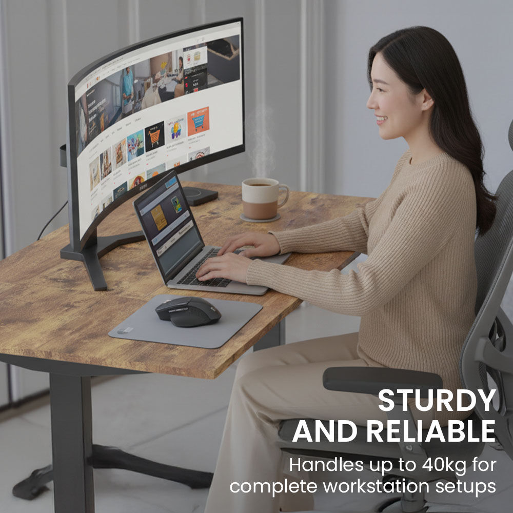 FORTIA Sit to Stand Standing Desk, 160x60cm, 72-118cm Electric Height Adjustable, Walnut Style Desktop/Black Frame