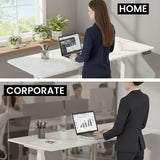 FORTIA Sit to Stand Standing Desk, 160x60cm, 72-118cm Electric Height Adjustable, White Desktop/Silver Frame - Close-Up Angle
