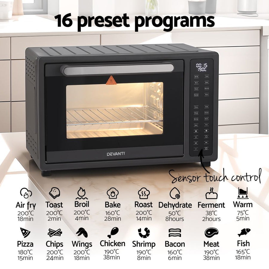 Devanti 32L black air fryer oven with LCD touch control panel, oven rack and crumb tray