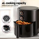 Devanti 4L 1500W Knob-Controlled Air Fryer with Timer and Oil-Free Cooking