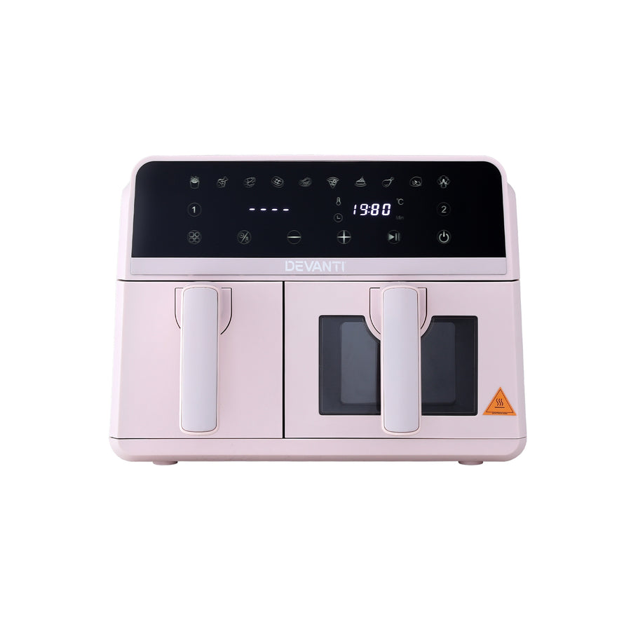 Devanti Air Fryer 9L Dual Zone Fryers 2600W Pink
