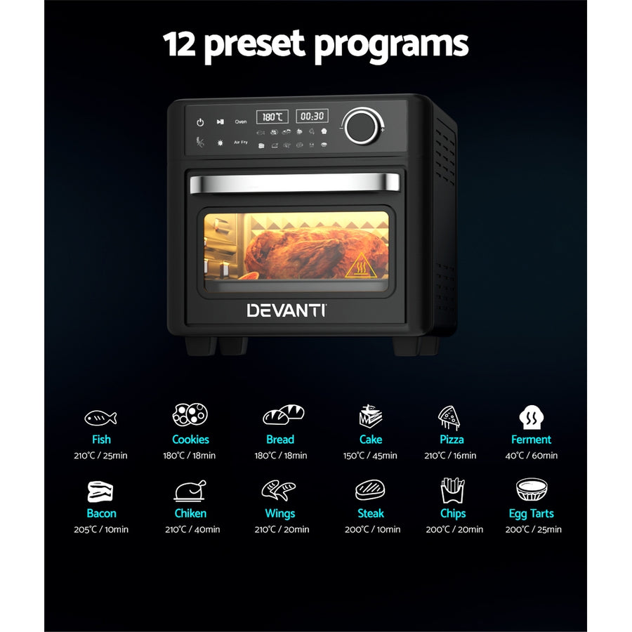 Devanti 15L black air fryer oven with LCD touch control panel, wire basket and rack