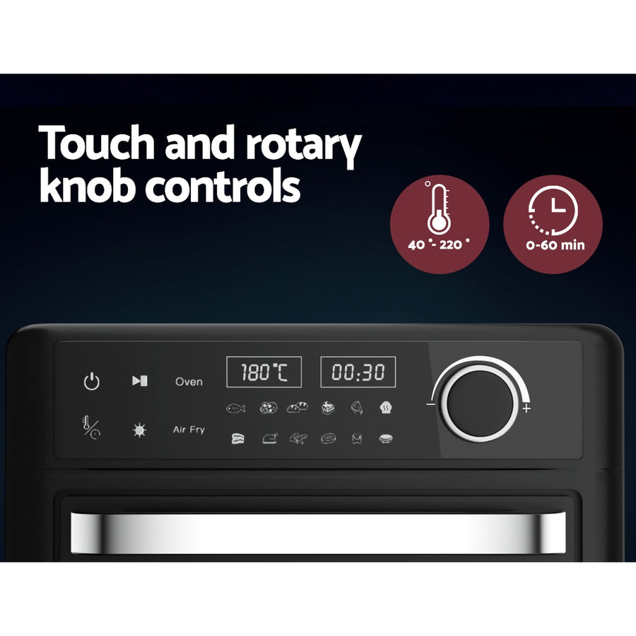 Devanti 15L black air fryer oven with LCD touch control panel, baking tray