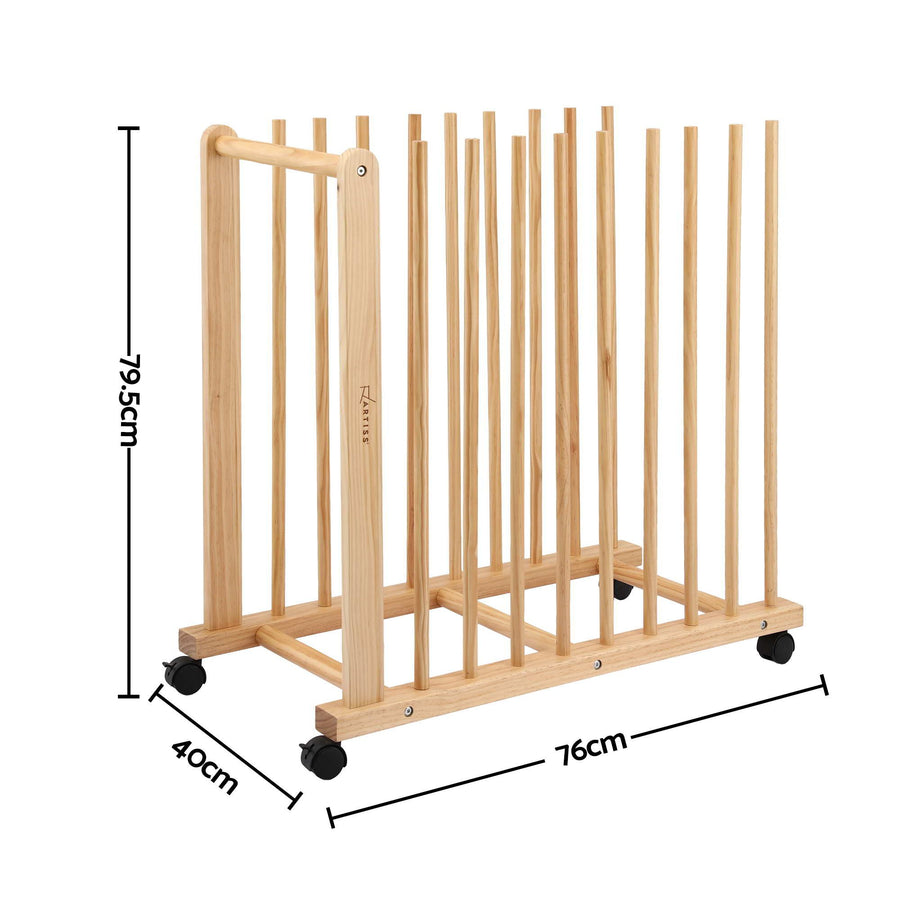 Artiss Art Drying & Storage Rack with Caster Wheels, Solid Wood Adjustable Slots Rack for Drawing Boards, Panels, Paintings, Artworks Display