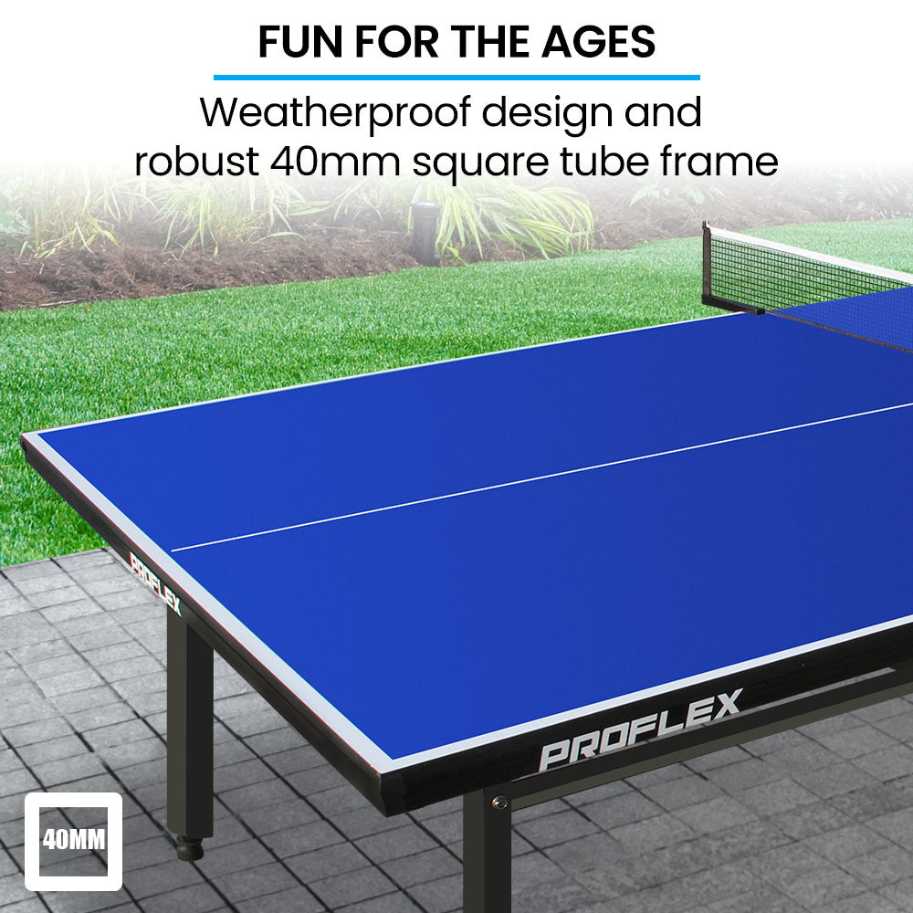 PROFLEX Premium Outdoor Table Tennis Table, with 4 Player Ping Pong Paddle and Pingpong Ball Pack