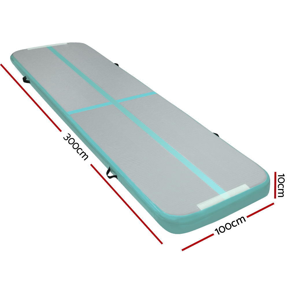 Mint Green and Grey Inflatable Air Track Mat for Gymnastics and Tumbling - 3m x 1m