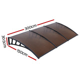 Instahut Window Door Awning Canopy 1.5mx3m Brown Sheet Black Plastic Frame - Front View