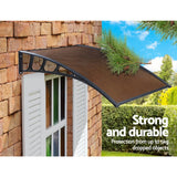Instahut Window Door Awning Canopy 1.5mx3m Brown Sheet Black Plastic Frame - Side View