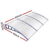 Instahut Window Door Awning Canopy 1.5mx3m Transparent Sheet Grey Plastic Frame - Front View