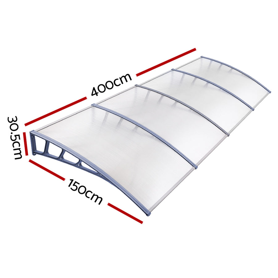 Instahut Window Door Awning Canopy 1.5mx4m Transparent Sheet Grey Plastic Frame, image 2