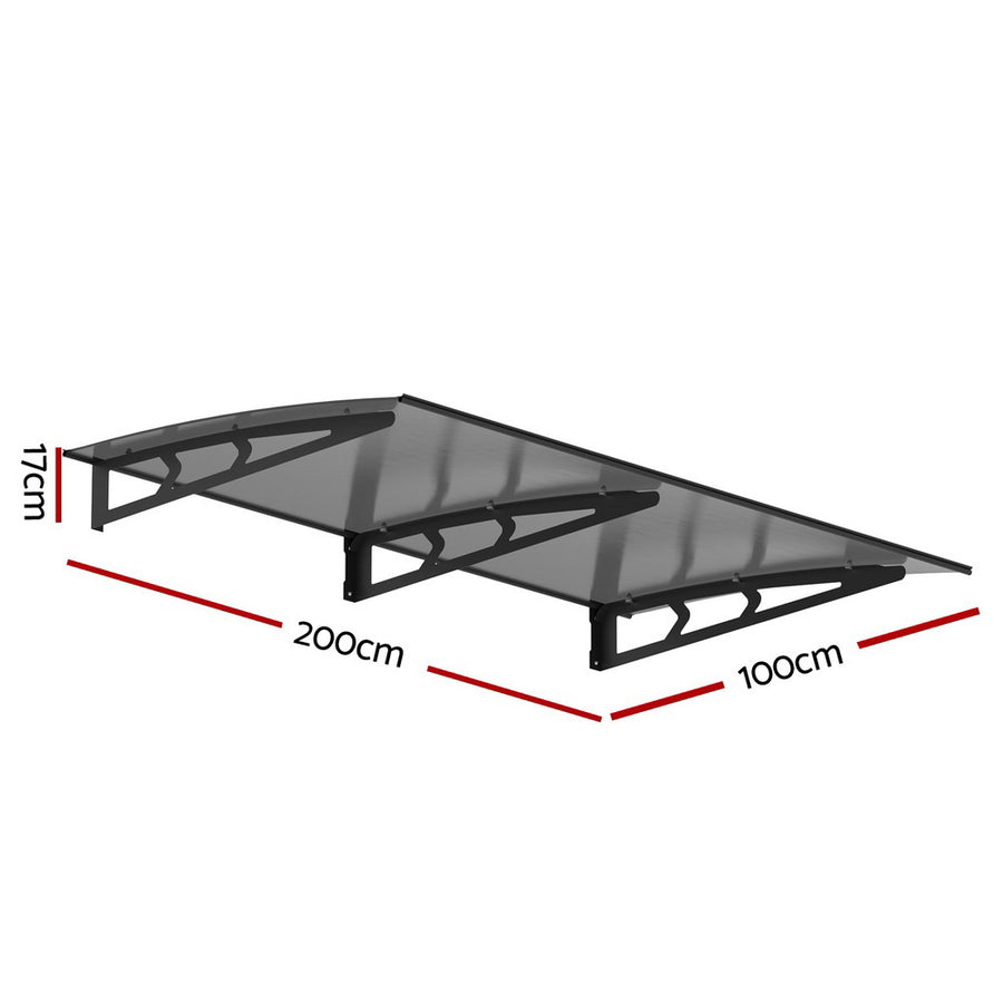 Instahut 1m x 2m window and door awning, grey polycarbonate panel, black metal brackets