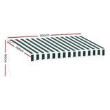 Instahut Retractable Folding Arm Awning Manual Sunshade 3Mx2.5M Green White - Front View