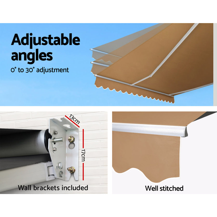 Instahut manual retractable folding arm awning, 4m x 3m, beige, hand crank