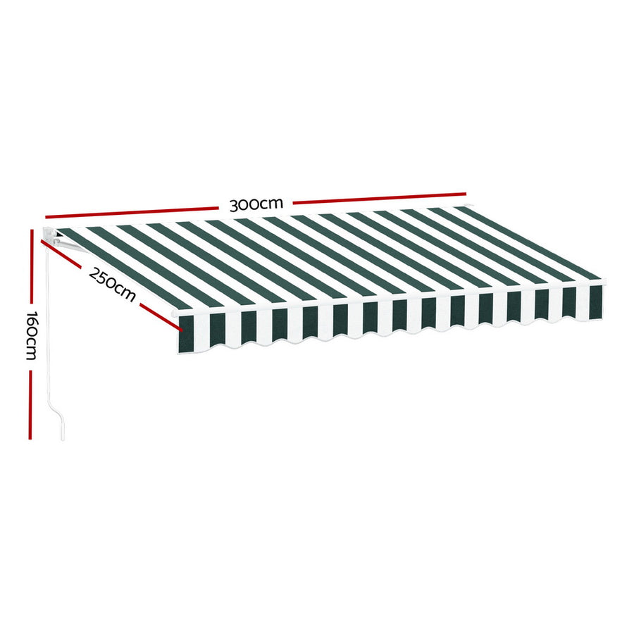 Instahut green and white motorised retractable folding arm awning, 3m x 2.5m, powder-coated aluminium folding arms