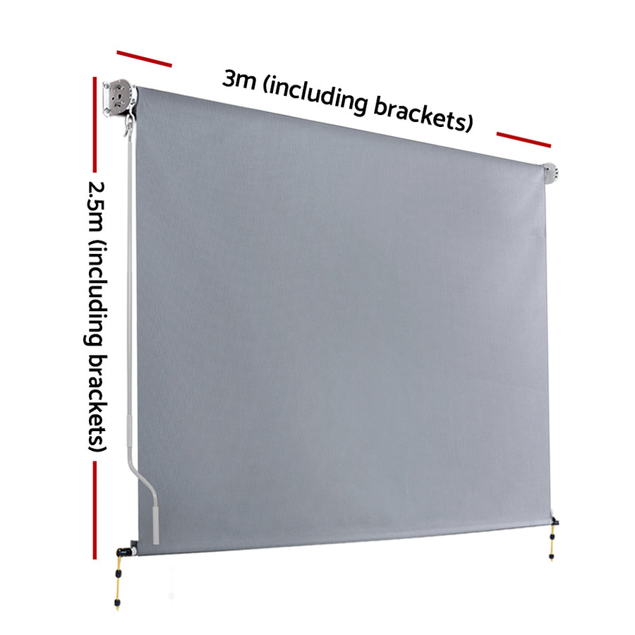 Instahut grey outdoor roll down blind, 3m x 2.5m retractable screen, hand crank rod