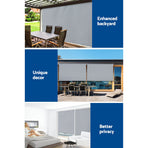Instahut grey outdoor roll down blind, 3m x 2.5m retractable screen, blind lowered on a patio