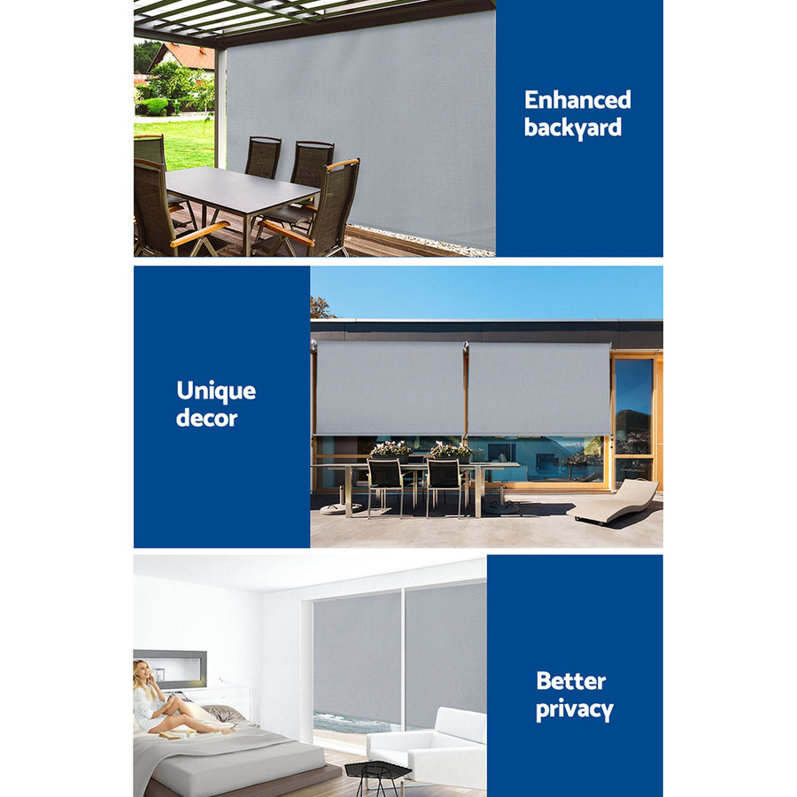Instahut grey outdoor roll down blind, 3m x 2.5m retractable screen, blind lowered on a patio