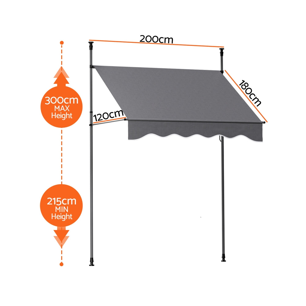 Instahut Window Fixed Pivot Arm Awning Outdoor Door Canopy 2X1.8M Grey