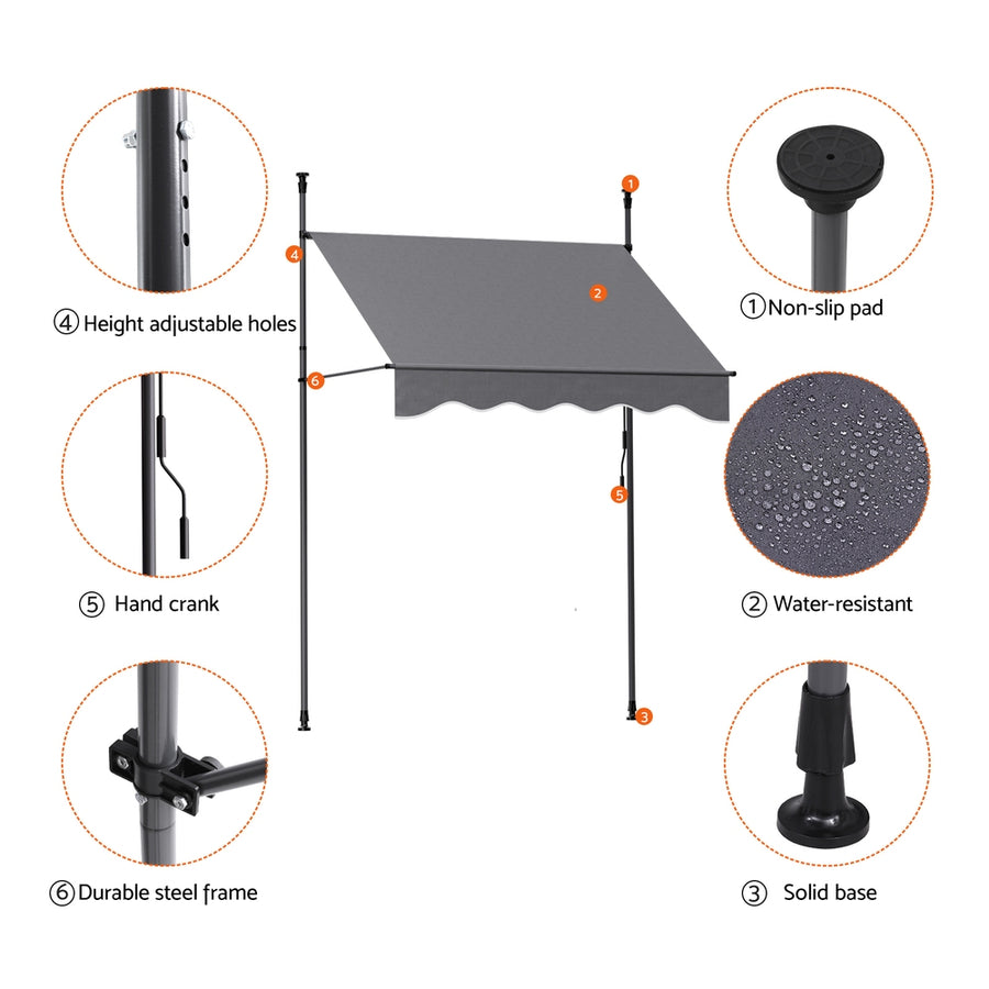 Instahut Window Fixed Pivot Arm Awning Outdoor Door Canopy 2X1.8M Grey
