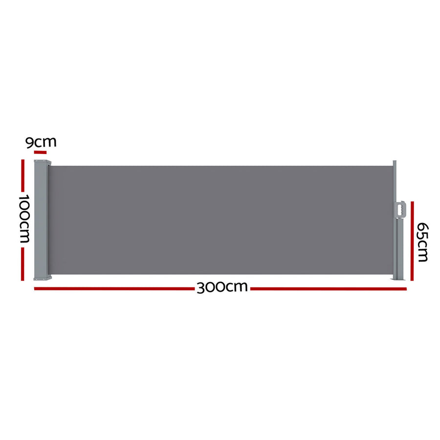 Instahut grey retractable side awning, 1m x 3m, polyester with steel frame, UV and tear-resistant polyester fabric