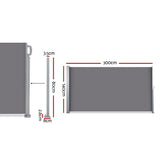 Instahut Side Awning Sun Shade Outdoor Blinds Retractable Screen 1.4X3M GR - Front View