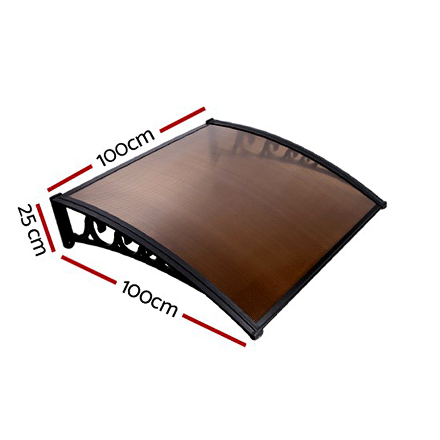 Instahut 1m x 1m window and door awning, brown panel with black brackets, hollow PC panel