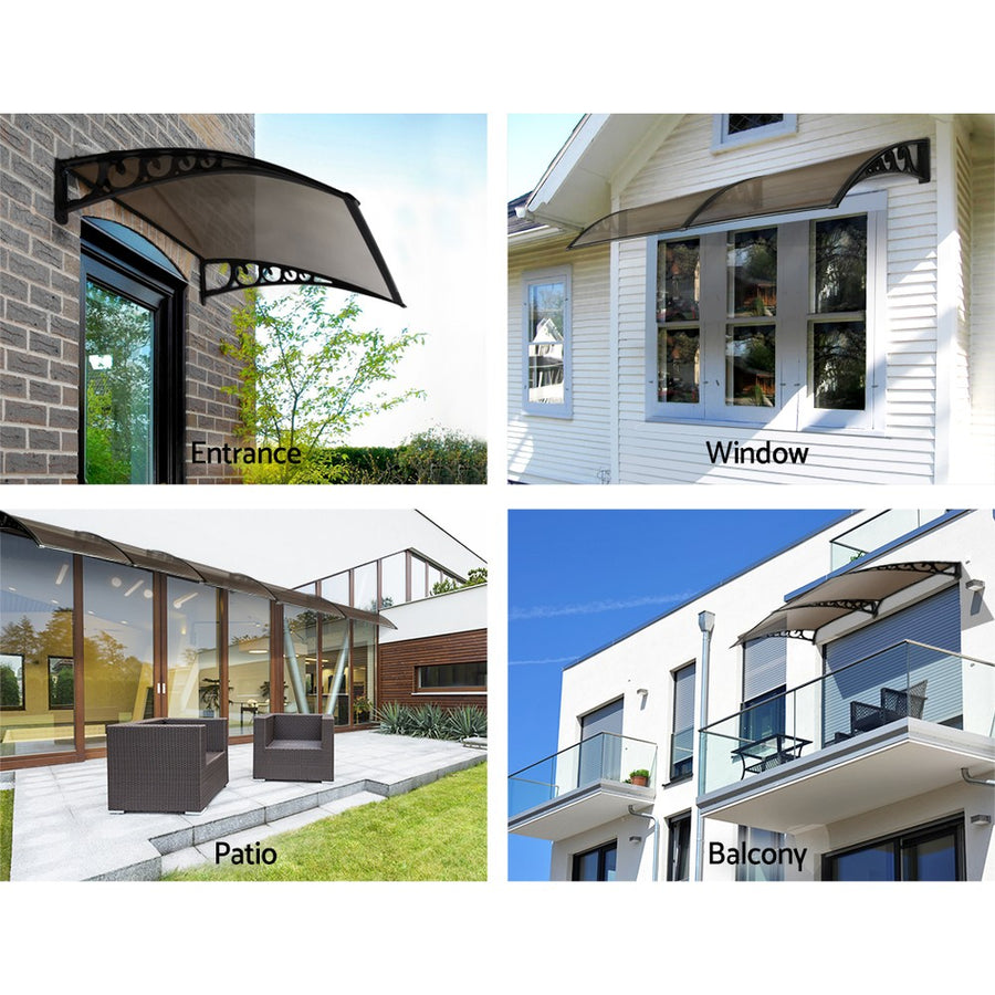 Instahut 1m x 1m window and door awning, brown panel with black brackets, aluminium support bars