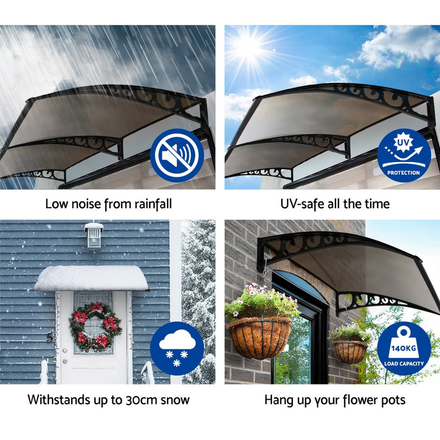Instahut 1m x 1m window and door awning, brown panel with black brackets, black brackets