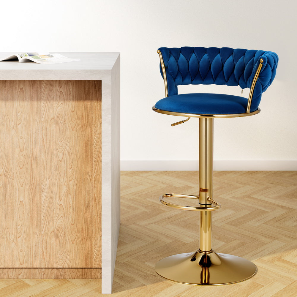 Artiss Bar Stools Gas Lift Velvet Woven Backrest Navy