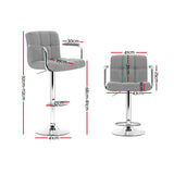Artiss 2x Bar Stools Fabric Gas Lift w/Armrest Grey - Front View