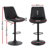 Artiss 2x Bar Stools Kitchen Swivel Gas Lift Counter Chair Diamond Leather Black - Front View