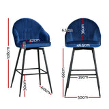 Artiss 2x Bar Stools Velvet Swivel Metal Legs Blue - Front View