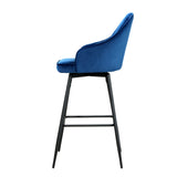 Artiss 2x Bar Stools Velvet Swivel Metal Legs Blue - Side View