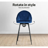 Artiss 2x Bar Stools Velvet Swivel Metal Legs Blue - Rear View