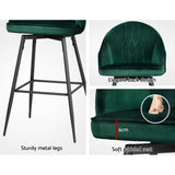 Artiss 2x Bar Stools Velvet Swivel Metal Legs Green - 45-Degree Angle