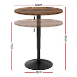 Artiss Height Adjustable Bar Table 360 Swivel Round Gaslift Design 60cm Rustic Brown Black - Front View