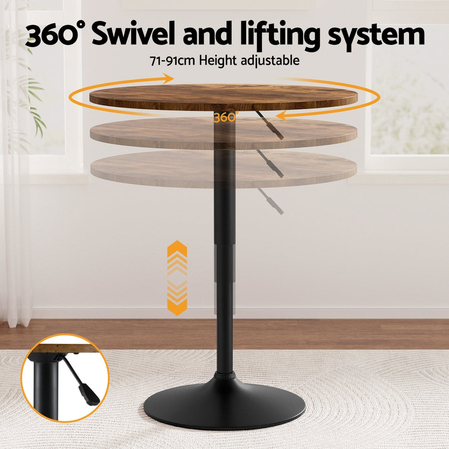 Artiss Height Adjustable Bar Table 360 Swivel Round Gaslift Design 60cm Rustic Brown Black, Adjustable Height