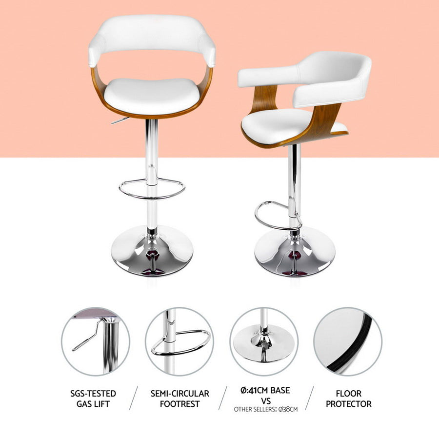 Artiss white PU leather gas lift swivel bar stools with armrest, set of 4, heavy-duty footrest