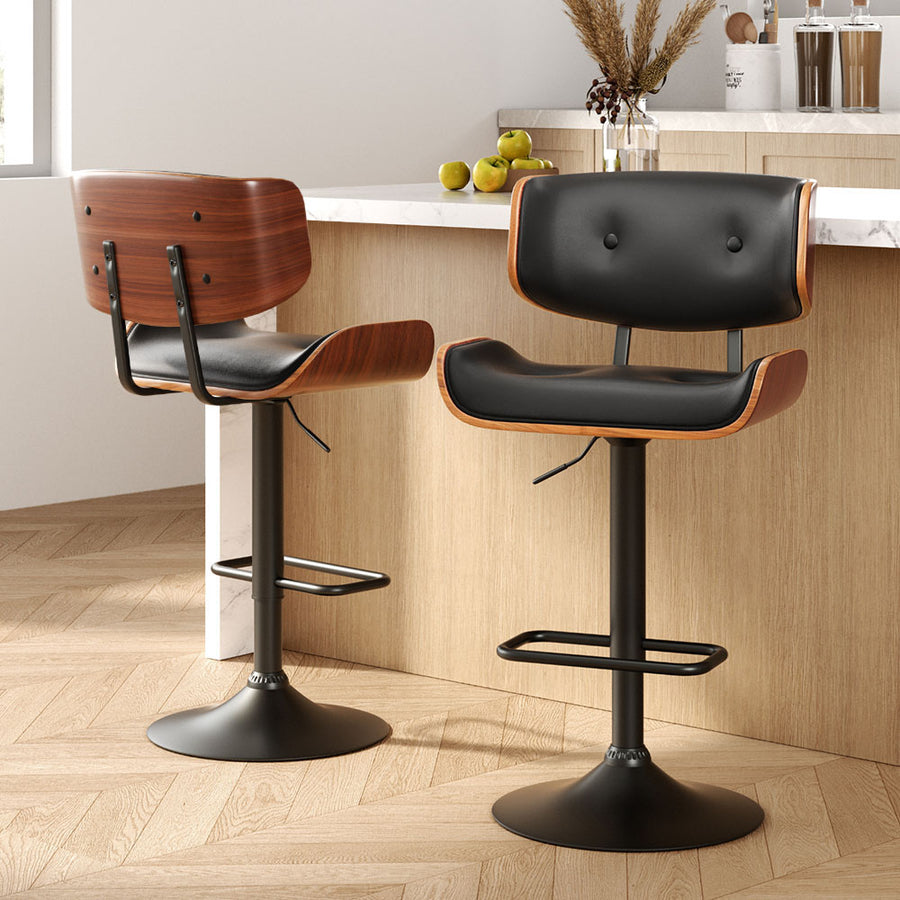 Artiss Cherry set of 2 swivel bar stools, black PU leather and wood seat