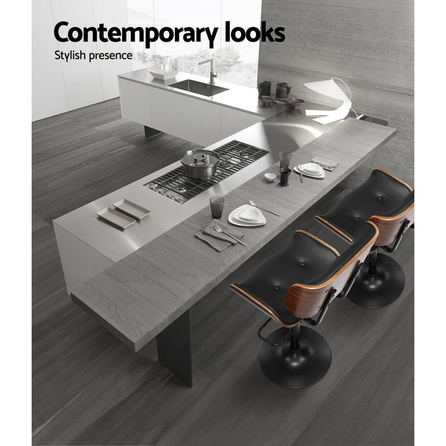 Artiss Cherry set of 2 swivel bar stools, black PU leather and wood seat, heavy-duty footrest