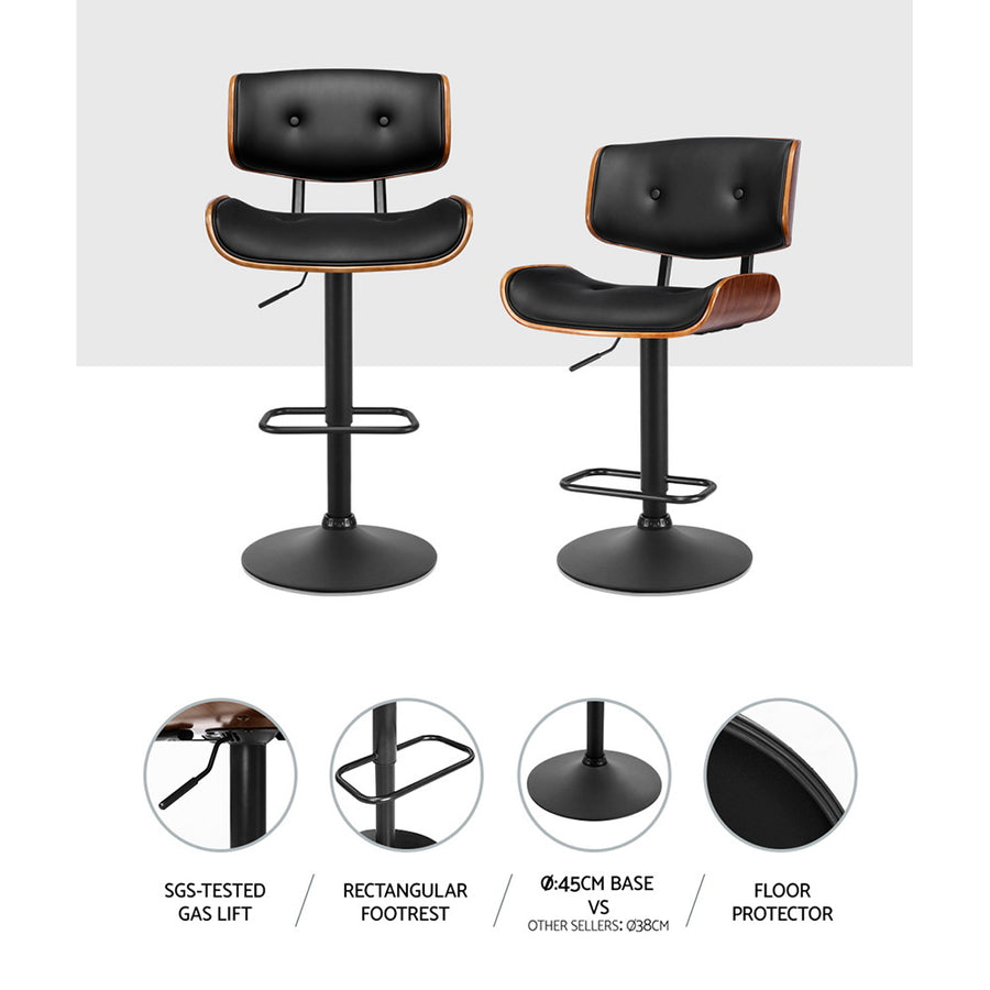 Artiss Cherry set of 2 swivel bar stools, black PU leather and wood seat, 45cm round steel base