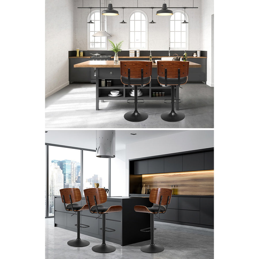 Artiss Cherry set of 2 swivel bar stools, black PU leather and wood seat, padded PU leather seat