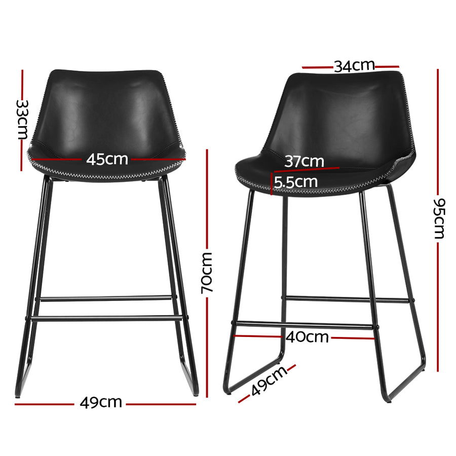 Artiss Fenella bar stools set of 2, black PU leather with steel frame, padded seat with stitching