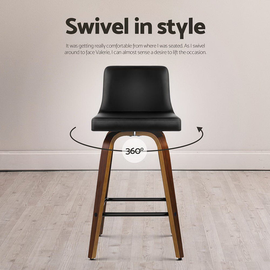 Artiss set of 4 black swivel bar stools with padded PU leather seats, padded seat that swivels 360 degrees
