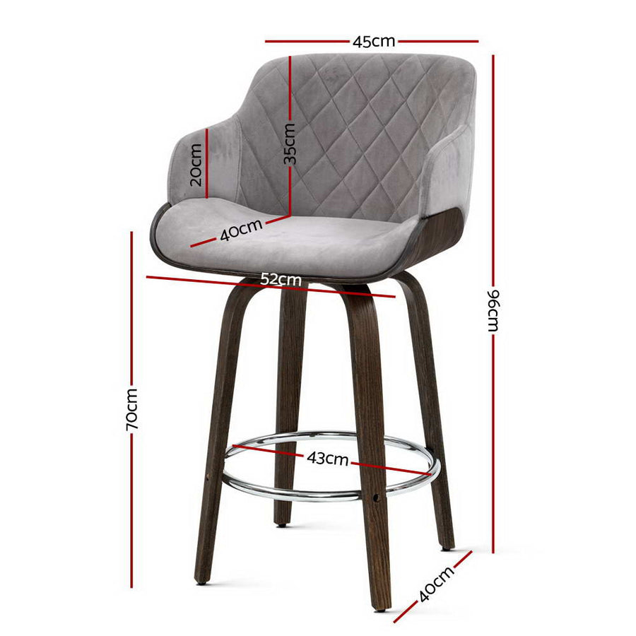 Artiss swivel bar stool, grey velvet seat with wooden frame, puckered velvet seat